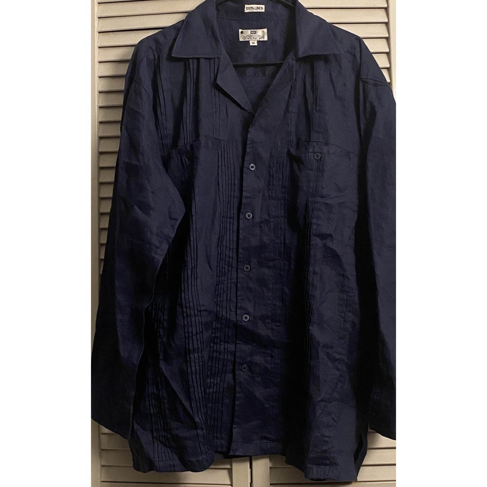 Vintage Givenchy Pure Blue Linen Guayabera Button Down Shirt Pockets Men's Sz M